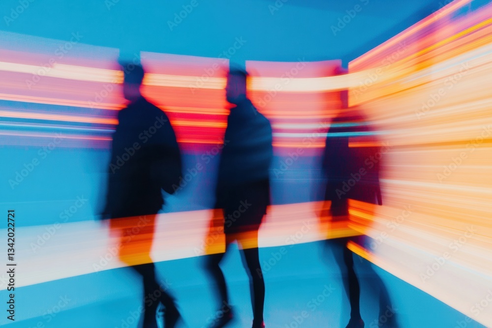 Poster Quantum Motion Design Dynamic Digital Workspace Visualization - Innovative Blurred Professional Silhouettes in High-Performance Tech Aesthetic