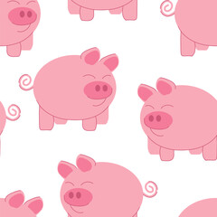 Seamless pattern pink cartoon funny pigs on white background - vector background for fabric design, packaging, wallpaper