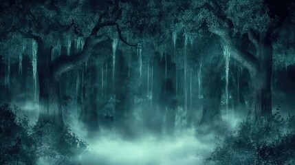 Misty, dark forest at night
