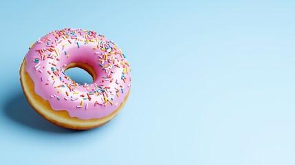 Pink Glazed Donut with Rainbow Sprinkles on Light Blue Background