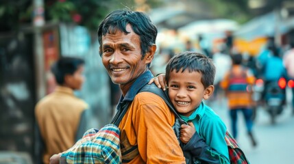 Two boys and a man on the street, older one carrying younger one, showing care and fun.