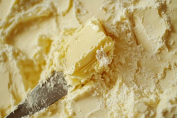 A block of butter with a knife ready to be used