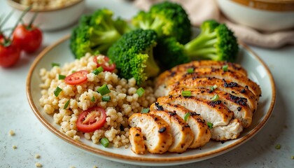 Grilled chicken slices with fresh broccoli and salad on a plate, healthy food concept