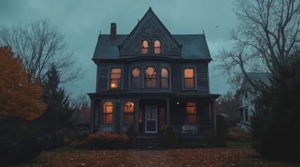 A spooky Victorian-style house with a dark, ominous atmosphere. Perfect for Halloween designs, horror projects, or anything needing a creepy vibe