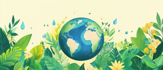 Illustrated Earth globe surrounded by lush green foliage and water droplets, symbolizing environmental conservation, sustainability, and the beauty of nature