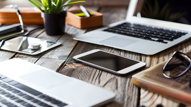Modern workspace with laptops, smartphone, tablet and plant on rustic wooden desk.  Ideal for business, technology, lifestyle, and productivity concepts.