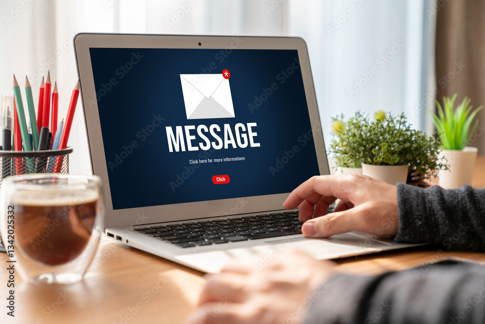 Poster email notification message showing on computer screen snugly. digital marketing message information 
