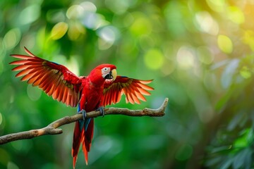 Two vibrant red parrots spreading wings on tropical branch.