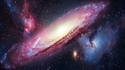 Obraz premium A spiral galaxy exhibits beautiful colors with numerous celestial bodies visible