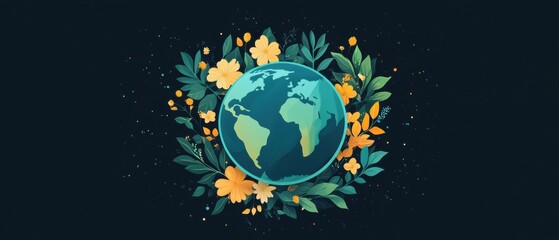 Naklejka premium Illustrated Earth globe surrounded by floral wreath on dark background Concept of environmental awareness, nature conservation, and global sustainability