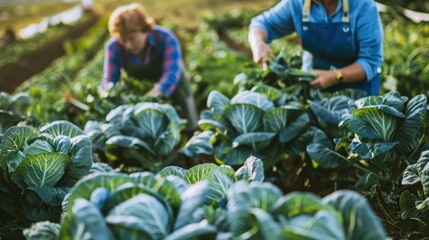 Two workers in blue aprons harvesting fresh cabbages on a farm
