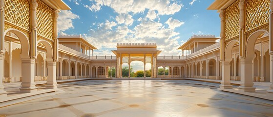 Floating Indian Wedding Terrace, Royal Palace Courtyard Extending to the Sky, Gentle Holi Powder Traces. Background Frame. Copy space. Generative AI