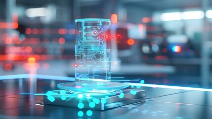 Futuristic holographic data cylinder on a sleek platform.  Perfect for tech, innovation, and data visualization concepts.