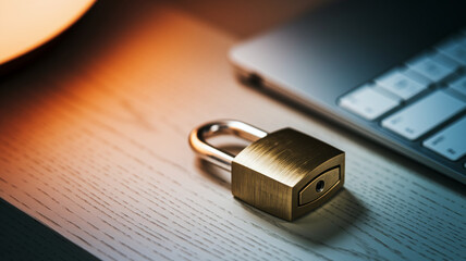 Close-up of brass padlock on light wood surface, near laptop keyboard.  Illustrates online security, data protection, privacy concept