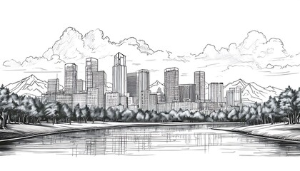 Denver Skyline Coloring Page: Mountains and Cityscape - A Denver, Colorado coloring page featuring a scenic cityscape, majestic mountains, lush forests