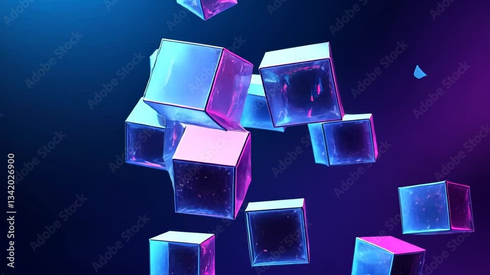 Wall mural abstract floating cubes with neon gradient lighting and dark background loop