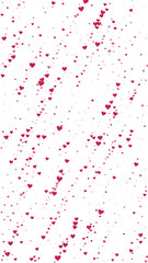 Falling hearts valentine card template. Red hearts scattered on white background. Chaotic falling hearts vector illustration.