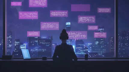 Woman programmer works late at night, overlooking a vibrant cityscape.  She's surrounded by digital data streams, creating a futuristic feel.