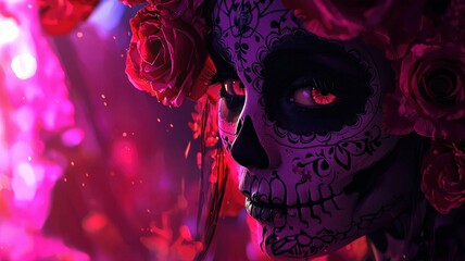 Fototapeta premium Día de los Muertos 3D render style background, vibrant and festive, featuring colorful elements and decorative sugar skull motifs, perfect for holiday, cultural, and celebration illustrations.