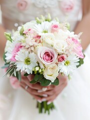 Beautiful white and pink wedding bouquet held by the bride in natural lighting.