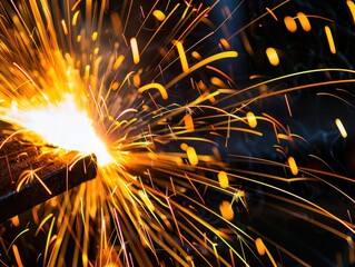 Skilled welder working with glowing metal, creating sparks in dramatic lighting