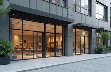 Fototapeta premium Modern storefront facade with large glass windows, barrier-free entrance. Place for shop signs with space for signage. New commercial building exterior, urban design. Contemporary corporate style,