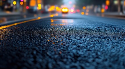 Wet city street at night, blurred lights reflecting
