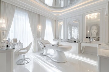 Luxurious white spa treatment room with massage bed, elegant interior