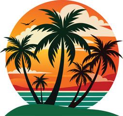 Retro Sunset with Palm Trees – Vintage Tropical Vector Design
