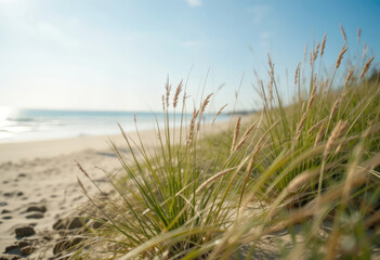 Coastal Grasses on Sandy Beach with Ocean View in Summer