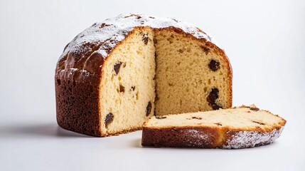 Traditional Italian panettone dusted with powdered sugar, elegantly sliced to reveal its airy, buttery crumb, on a clean white background