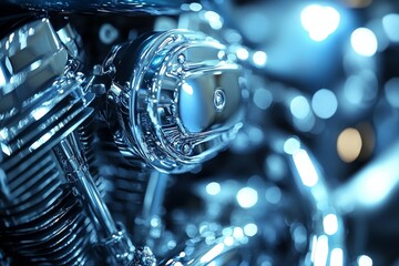 Close-up of a polished motorcycle engine highlighting chrome details and design in a bright setting