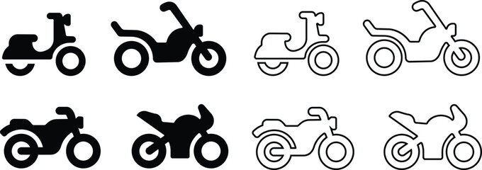 motorcycle and motorbike icon in flat, line set isolated on transparent background