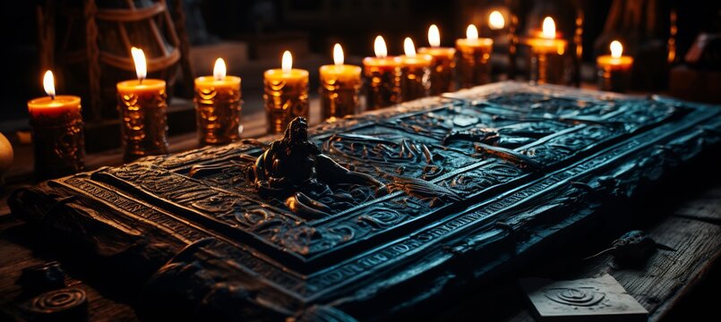 Book of thoth stone altar with egyptian carvings surrounded by glowing mystical symbols deep inside an ancient tomb
