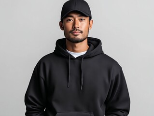 A man wearing a black hoodie and a baseball cap