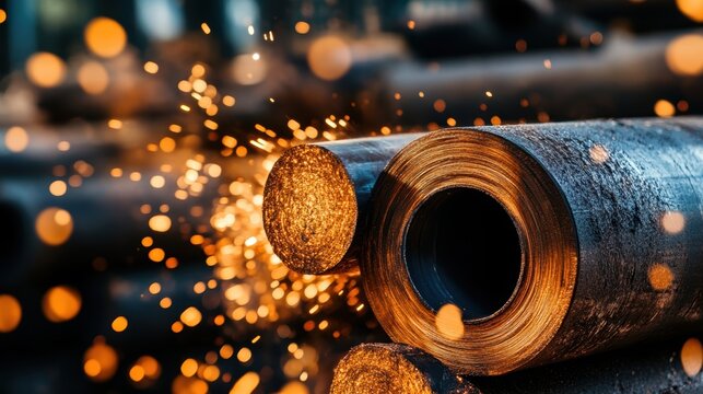 Close-up of steel rods with sparks flying, showcasing the raw power of metalworking, Ideal for manufacturing, engineering, or industrial themes in promotional materials or educational content,