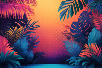 Vibrant tropical leaves with a halftone pop art background. Colorful jungle foliage in neon tones, perfect for creative design, wallpapers, and backgrounds
