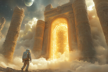 A lone astronaut discovers an ancient glowing portal among towering ruins. A sci-fi fantasy scene blending space exploration with mysterious ancient architecture