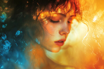 A surreal portrait of a woman with fire and ice elements blending into her face. A mix of warmth and cold, passion and serenity. Perfect for fantasy, emotions, and duality themes