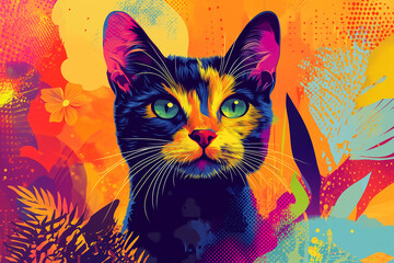 Colorful pop art cat portrait with vibrant neon colors and abstract background. Perfect for modern art, pet lovers, and creative designs