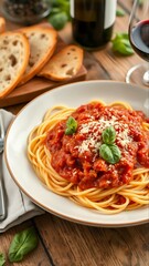 Fototapeta premium A steaming plate of homemade pasta with rich marinara sauce, topped with fresh basil and Parmesan cheese, set on a rustic wooden table with garlic bread and a glass of red wine.