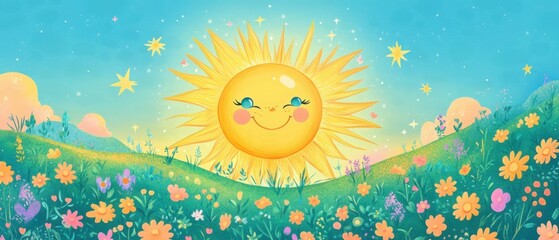 Smiling sun cartoon character over a flower meadow in a whimsical landscape illustration Concept of summer, happiness, and childrens illustration