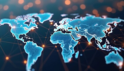Global supply chain management overview with world map, logistics network, distribution, strategic planning. International business, import export, freight transportation, global sourcing,