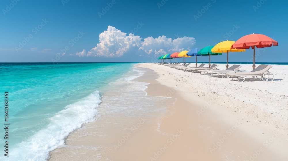 Aufkleber beach with a row of colorful umbrellas and chairs. the umbrellas are of different colors, and the ch