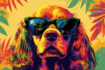 A vibrant pop-art style digital illustration of a Cocker Spaniel wearing sunglasses, featuring bold colors, tropical vibes, and a stylish, modern artistic flair