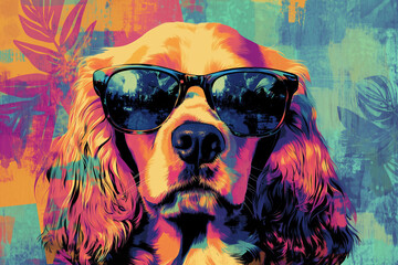 A vibrant pop-art style digital illustration of a Cocker Spaniel wearing sunglasses, featuring bold colors, tropical vibes, and a stylish, modern artistic flair