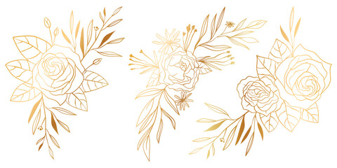 Gold floral background vector. Golden gradient Roses and peonies flower line art wallpaper design for prints, cover, wall arts, greeting card, wedding cards, invitation.