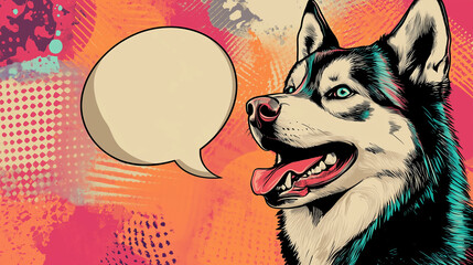 A vibrant pop-art style digital illustration of a Siberian Husky with a speech bubble. Playful and colorful design, perfect for posters, comics, and creative projects