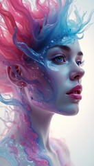 Naklejka premium Profile of woman with abstract fluid face art. Vibrant pink, blue swirls on skin. Dreamlike portrait shows inner soul, creative mind, colorful imagination, surreal expression. Spiritual mood.