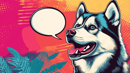 A vibrant pop-art style digital illustration of a Siberian Husky with a speech bubble. Playful and colorful design, perfect for posters, comics, and creative projects